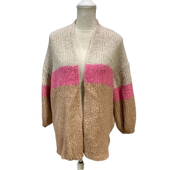 Aerie Women's Oversized Wool Blend Striped Open Front Cardigan Sz‎ M Pink Beige - Picture 1 of 6